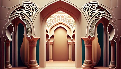 Islamic architecture Gate, arches, columns. Mosque interior. Abstract oriental interior. Ramadan Kareem background. generative ai