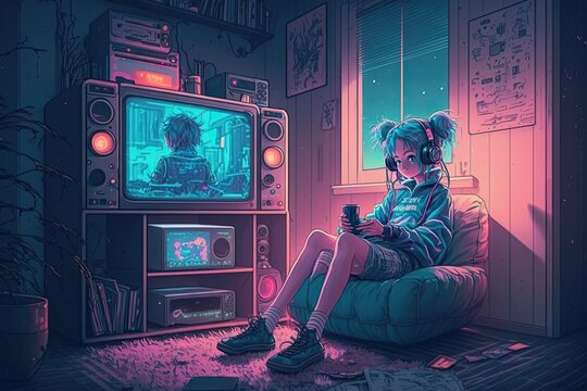 Lofi Beats Japanese Kawaii Synthwave Girl, Sitting Midnight Room, Japanese 198s Anime Style, Full Body. Generative Ai