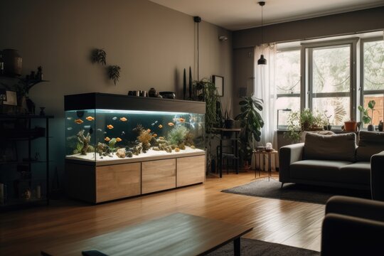 modern living room aquarium, video conference, zoom background. generative ai