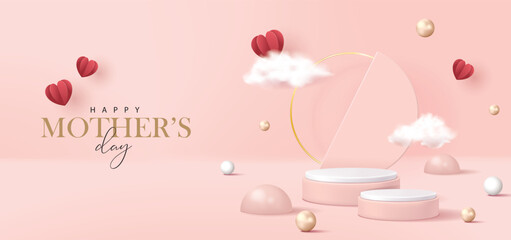 Mother's day poster for product demonstration. Pink pedestal or podium with pearls, cloud and flying hearts on pink background.