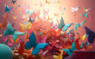 3D design of colorful butterflies over warm orange background. Generative AI.
