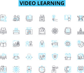 Video learning linear icons set. Instruction, Learning, Educational, Training, Tutorials, Online, Interactive line vector and concept signs. Lessons,Knowledge,Visualization outline illustrations