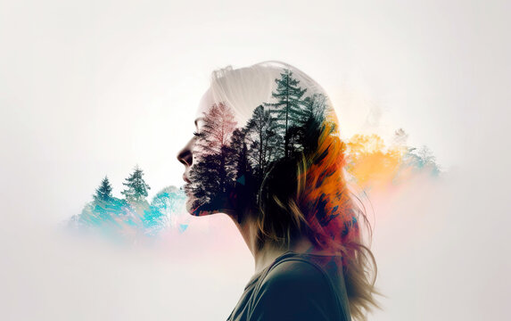 Doble exposure photo of woman and colorful forest over white background. Generative AI.