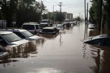 Cars submerged in flood water. Generative ai