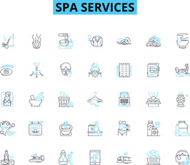 Spa services linear icons set. Relaxation, Massage, Aromatherapy, Facials, Manicure, Pedicure, Hot st line vector and concept signs. Nails,Therapy,Reflexology outline illustrations