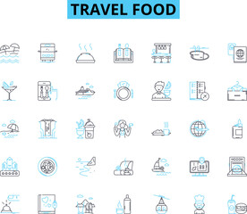 Travel food linear icons set. Gastronomy, Cuisine, Culinary, Delicacies, Foodie, Gourmet, Local line vector and concept signs. Authentic,Exotic,Street food outline illustrations
