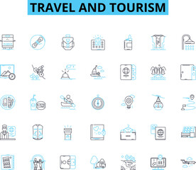 Travel and tourism linear icons set. Adventure, Backpacking, Beaches, Culture, Eco-tourism, Food, Hospitality line vector and concept signs. Islands,Landmarks,Mountains outline illustrations