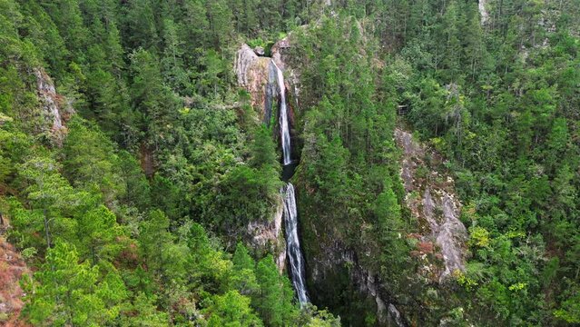 Arial view of Aguas Blancas the highest Waterfall in Constanza. The beautiful nature of the Dominican Republic 