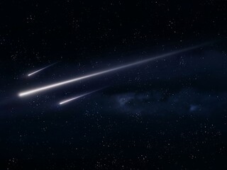 Obraz na płótnie Canvas Beautiful meteorites in starry night sky. Three meteoroids on a black background. Meteor glowing trails.