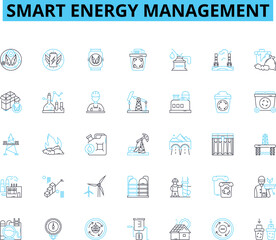 Smart energy management linear icons set. Efficient, Sustainability, Optimization, Automation, Conservation, Renewable, Monitoring line vector and concept signs. Control,Climate,Grid outline