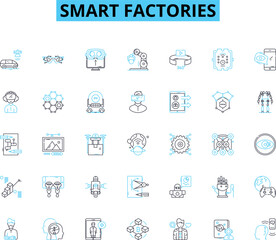 Smart factories linear icons set. Automation, Robotics, Efficiency, Innovation, Integration, Digitization, Optimization line vector and concept signs. Connectivity,Intelligence,Interconnectivity