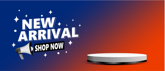 New arrival sale banner template with stage podium product space. orange background Vector illustration. Can used for business store event.