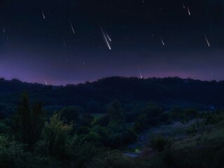 Beautiful landscape with nature and shooting stars in the sky. Meteor shower over green valley and forest at night.