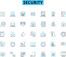Security linear icons set. Encryption, Firewall, Authentication, Malware, Antivirus, Passwords, Biometric line vector and concept signs. Surveillance,Cybercrime,Identity outline illustrations