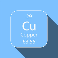 Copper symbol with long shadow design. Chemical element of the periodic table. Vector illustration.