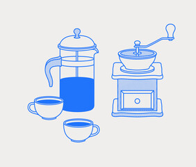 French press, cups of coffee, manual grinder. Line art, retro. Vector illustration for coffee shops, cafes, and restaurants.