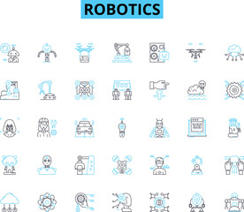 Robotics linear icons set. Automation, AI, Mechanics, Programming, Sensors, Machine, Algorithms line vector and concept signs. Innovation,Technology,Assembly outline illustrations