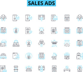 Sales ads linear icons set. Discount, Limited-time, Promo, Clearance, Sale, Bargain, Markdown line vector and concept signs. Offer,Special,Deal outline illustrations