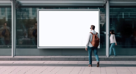 display blank clean screen or signboard mockup for offers or advertisement in public area with people walking by - Generative AI - obrazy, fototapety, plakaty