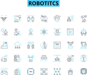 Robotitcs linear icons set. Automation, Mechanization, Artificial Intelligence, Algorithms, Sensors, Robotics, Cyborgs line vector and concept signs. Cognition,Automation Tech,Synthetic outline