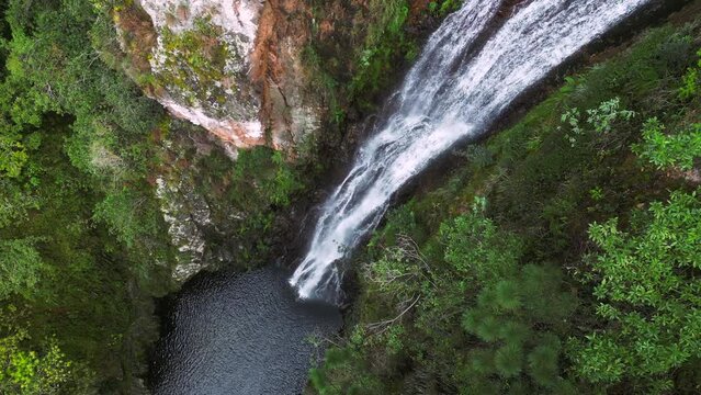 Top view of Aguas Blancas the highest Waterfall in Constanza. The beautiful nature of the Dominican Republic 