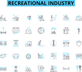 Recreational industry linear icons set. Adventure, Leisure, Entertainment, Amusement, Relaxation, Fun, Excitement line vector and concept signs. Travel,Activities,Attractions outline illustrations