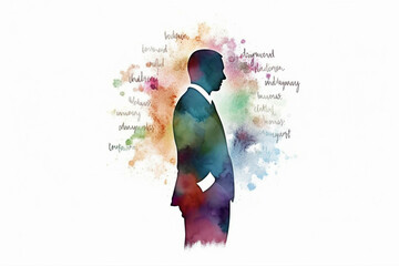 Obraz premium Silhouette of a businessman with colorful watercolor on white background. Generative AI