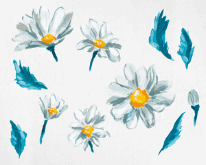 Hand-drawn set of blue and white daisies