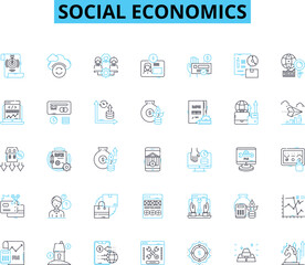 Social Economics linear icons set. Inequality, Welfare, Capitalism, Socialism, Redistribution, Injustice, Poverty line vector and concept signs. Prosperity,Equity,Labor outline illustrations