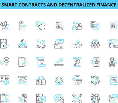Smart contracts and decentralized finance linear icons set. Ethereum, Blockchain, Tokenization, Interoperability, Decentralization, Governance, Transparency line vector and concept signs. DApps