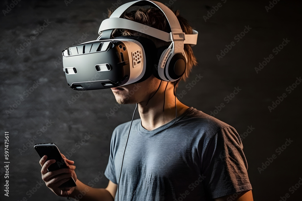Poster man wearing virtual reality goggles. neural network ai generated art