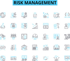 Risk management linear icons set. Probability, Uncertainty, Mitigation, Contingency, Hazards, Vulnerability, Security line vector and concept signs. Resilience,Exposure,Loss outline illustrations
