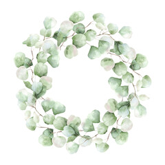 A round frame made of green branches and eucalyptus leaves. A wreath of eucalyptus. Hand-drawn illustration. For wedding invitations, postcard design and stationery.
