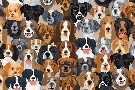 A charming seamless pattern that showcases a multitude of adorable dog faces. The pattern features a variety of breeds, pattern with dogs, Generative AI