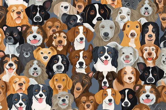 An enchanting seamless pattern celebrating the playful and lovable nature of dogs through a collection of whimsical dog faces. Each face is depicted with joyful expressions, bright eyes, Generative AI