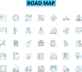 Road map linear icons set. Navigation, Directions, Routes, Planning, Markings, Symbols, Signs line vector and concept signs. Pathways,Highways,Intersections outline illustrations