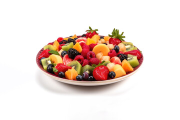 Fruit berry salad on a plate isolated on a white background. Created with Generative AI Technology