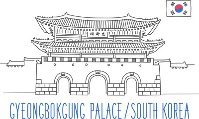 Gyeongbokgung Palace in Seoul, South Korea. Gwanghwamun Gate. Vector drawing. Illustration isolated on white background. Outline stroke is not expanded, stroke weight is editable