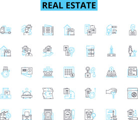 Real estate linear icons set. Property, Home, Mortgage, Investment, Agent, Equity, Rent line vector and concept signs. Broker,Lease,House outline illustrations