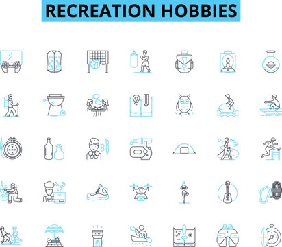 Recreation hobbies linear icons set. Gardening, Cooking, Painting, Pottery, Fishing, Biking, Hiking line vector and concept signs. Camping,Boating,Photography outline illustrations