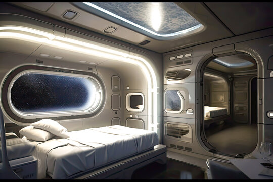 interior view of a space hotel capsule room in the space, generative ai