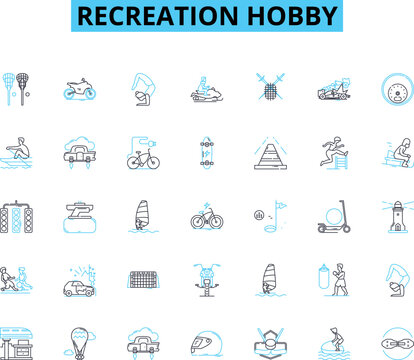 Recreation hobby linear icons set. Swimming, Cycling, Running, Yoga, Painting, Hiking, Skiing line vector and concept signs. Gardening,Photography,Reading outline illustrations