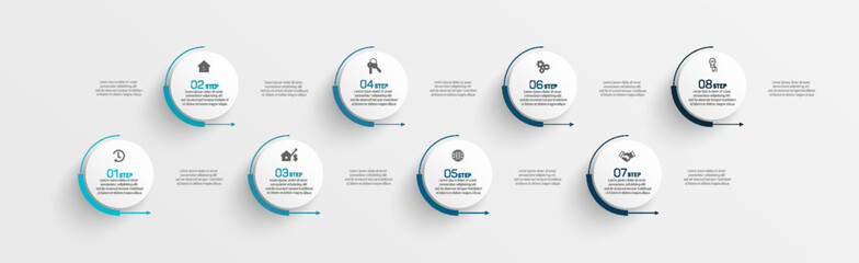 Infographic design template with 8  options, steps or processes. Can be used for workflow layout, diagram, annual report, web design
