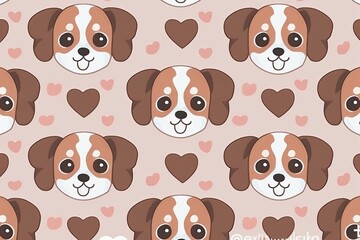 Obraz premium A seamless pattern featuring a cute anime-style dog face with big eyes and floppy ears, rendered in soft shades of brown and white, surrounded by paw prints and bones, seamless pattern with dogs