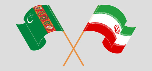 Crossed flags of Turkmenistan and Iran. Official colors. Correct proportion