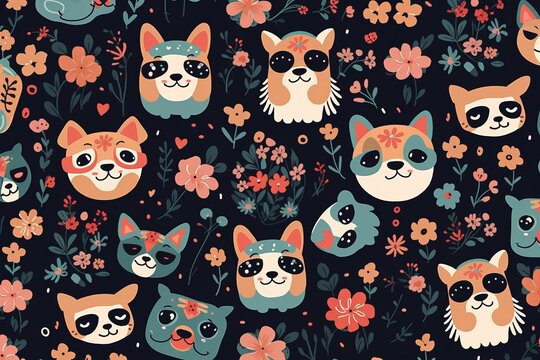 An enchanting seamless pattern that celebrates the irresistible cuteness of dogs faces. The pattern showcases a variety of stylized cat faces, seamless pattern with cats, Generative AI