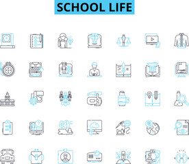 School life linear icons set. Education , Homework , Exams , Friends , Teachers , Textbooks , Lunchtime line vector and concept signs. Sports ,Lockers ,Recess outline illustrations