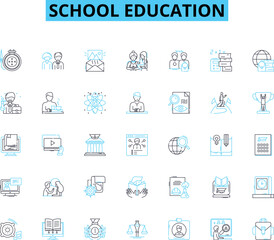 School education linear icons set. Learning, Curriculum, Homework, Attendance, Achievement, Discipline, Examination line vector and concept signs. Graduation,Literacy,Progress outline illustrations
