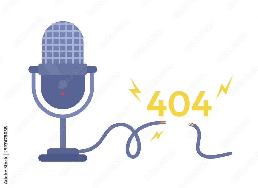 Poster disconnected mic 404 page not found illustration. device with circuit flat vector 2d cartoon object 