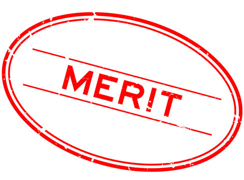 Grunge red merit word oval rubber seal stamp on white background